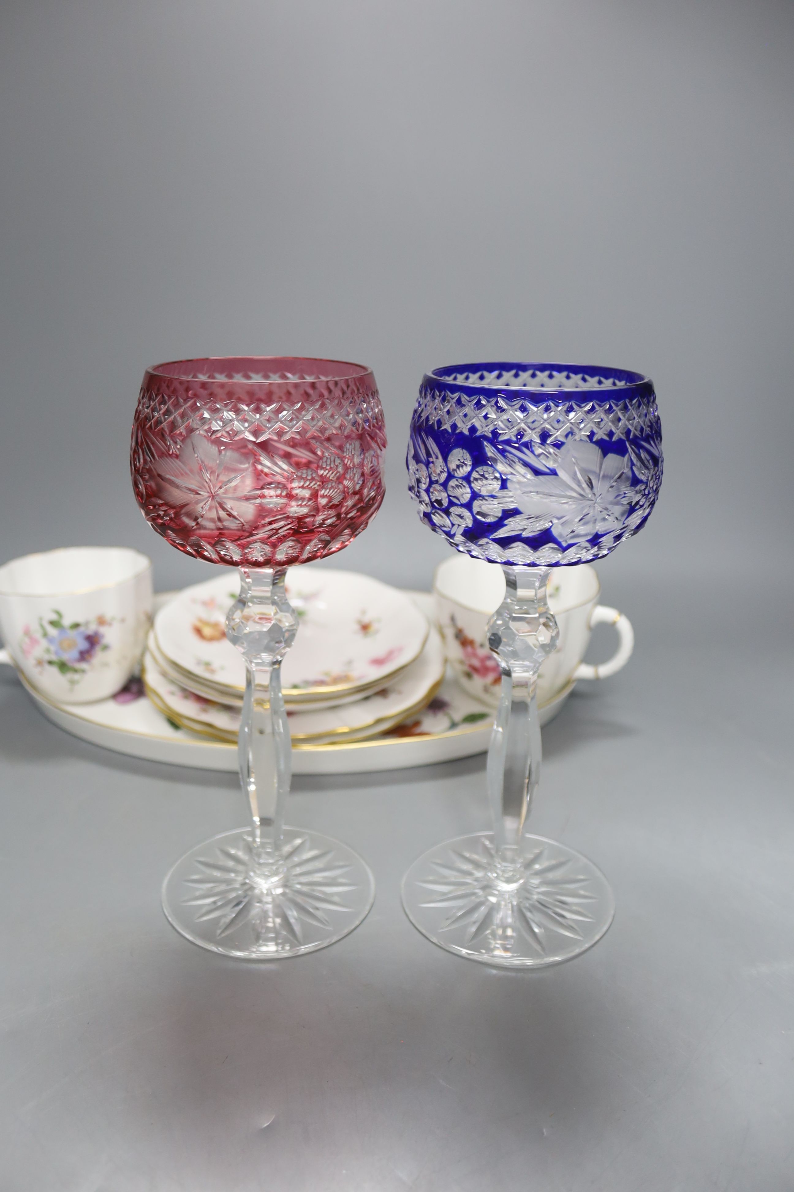 A quantity of mixed ceramics and glass including hock glasses, Doulton, Worcester, derby etc, tallest, vase blue glass vase23 cms high.